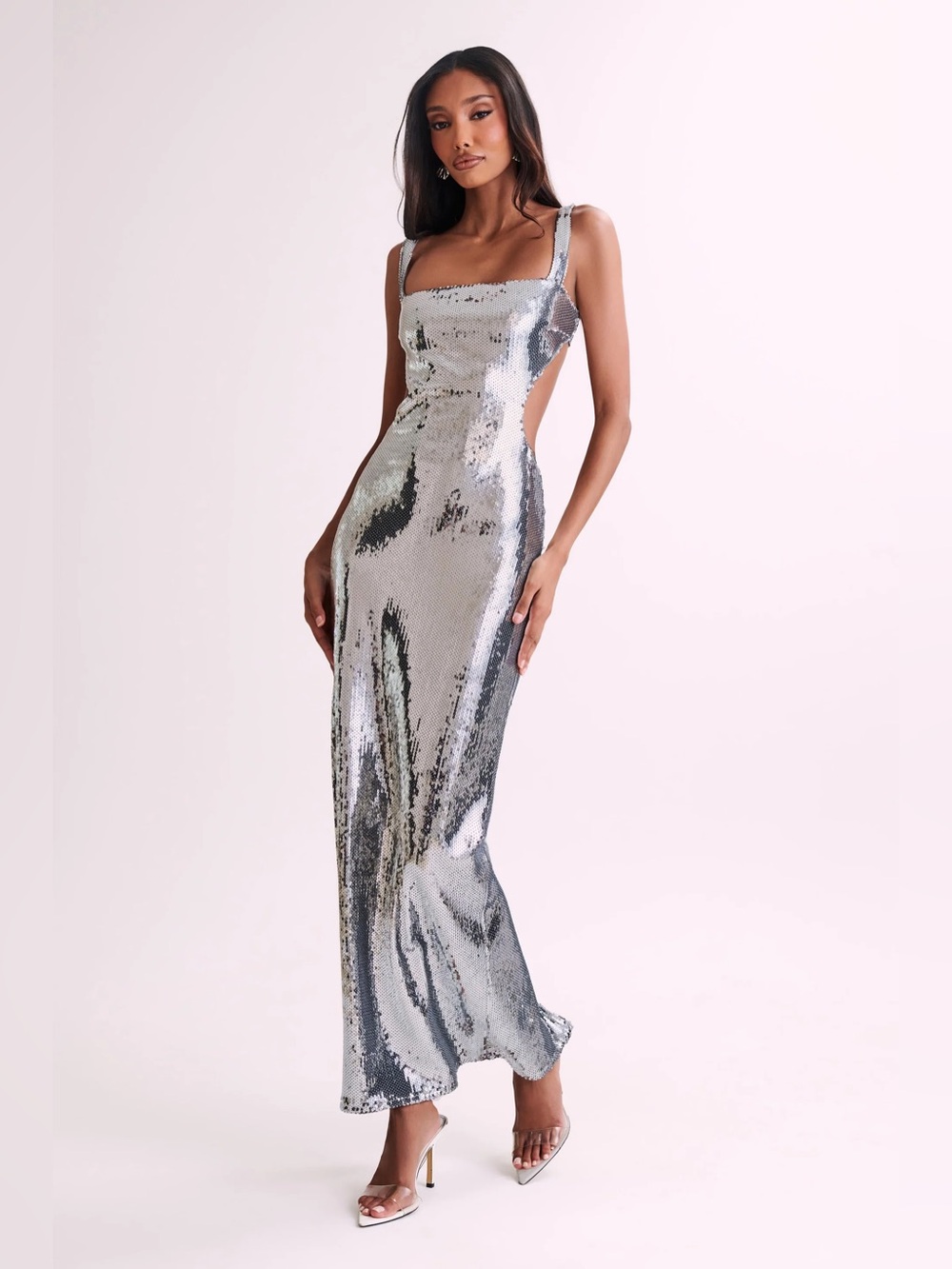 NWT MESHKI Adoria Sequin Cutout Maxi Dress in Silver - XS